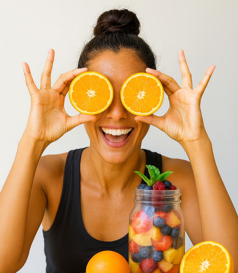 mujer con naranjas Mujer sonriendo tapándose los ojos con fruta